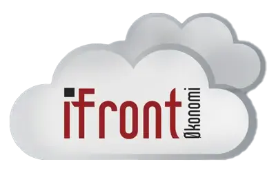 Logo for "iFront Økonomi" med to overlappende skyer i bakgrunnen. Bokstavene "iFront" er i rødt og "Økonomi" er i svart.